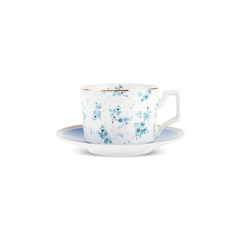 Karaca Jardin 4-Piece Bone China Tea Cup and Saucer Set for 2 People, 230ml, Blue