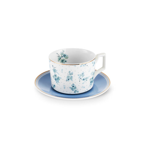 Karaca Jardin 4-Piece Bone China Tea Cup and Saucer Set for 2 People, 230ml, Blue