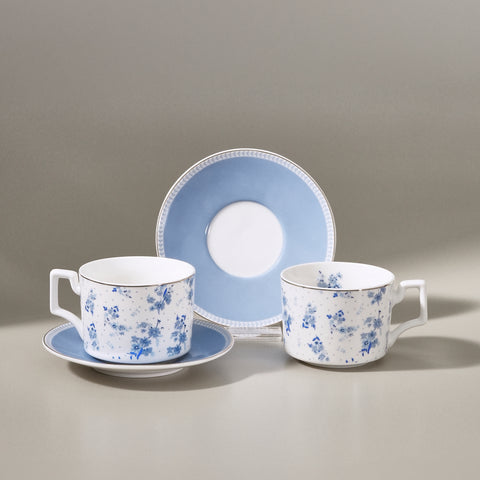 Karaca Jardin 4-Piece Bone China Tea Cup and Saucer Set for 2 People, 230ml, Blue