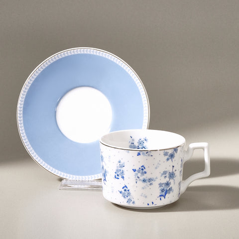 Karaca Jardin 4-Piece Bone China Tea Cup and Saucer Set for 2 People, 230ml, Blue