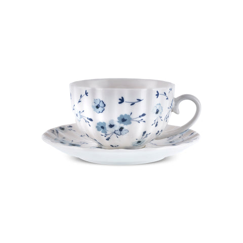 Karaca Blossom 12-Piece Bone China Tea Cup and Saucer Set for 6 People, 220ml, Blue