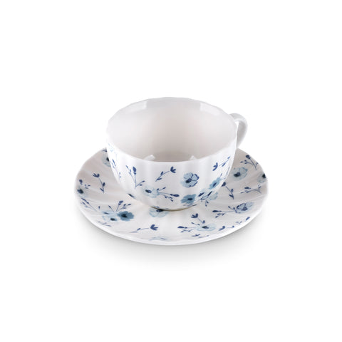 Karaca Blossom 12-Piece Bone China Tea Cup and Saucer Set for 6 People, 220ml, Blue