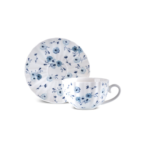 Karaca Blossom 12-Piece Bone China Tea Cup and Saucer Set for 6 People, 220ml, Blue