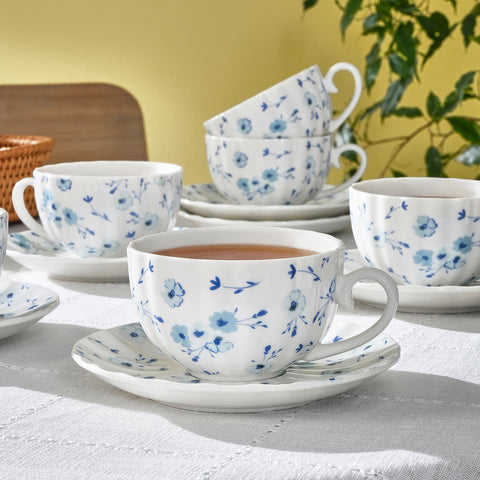 Karaca Blossom 12-Piece Bone China Tea Cup and Saucer Set for 6 People, 220ml, Blue