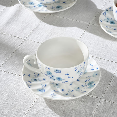 Karaca Blossom 12-Piece Bone China Tea Cup and Saucer Set for 6 People, 220ml, Blue