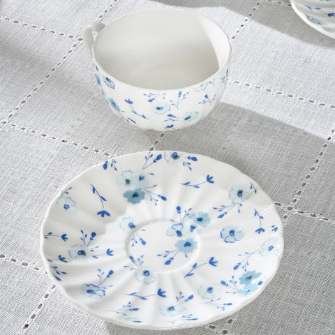 Karaca Blossom 12-Piece Bone China Tea Cup and Saucer Set for 6 People, 220ml, Blue