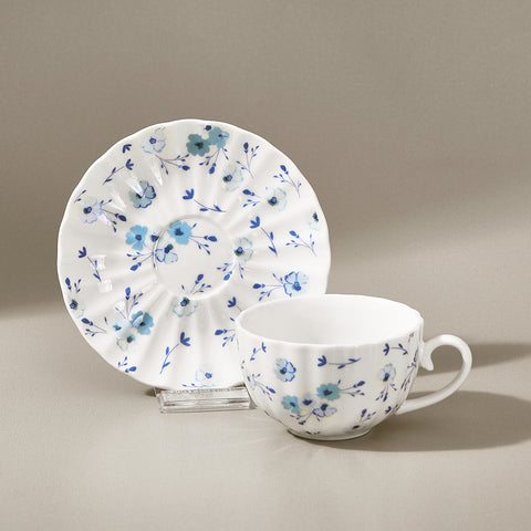 Karaca Blossom 12-Piece Bone China Tea Cup and Saucer Set for 6 People, 220ml, Blue