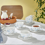 Karaca Blossom 12-Piece Bone China Tea Cup and Saucer Set for 6 People, 220ml, Blue