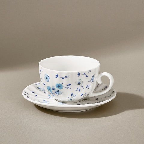 Karaca Blossom 12-Piece Bone China Tea Cup and Saucer Set for 6 People, 220ml, Blue