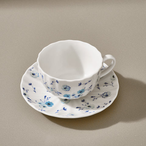Karaca Blossom 12-Piece Bone China Tea Cup and Saucer Set for 6 People, 220ml, Blue