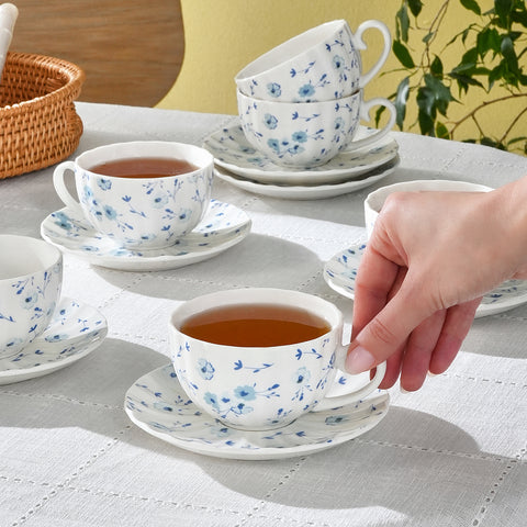 Karaca Blossom 12-Piece Bone China Tea Cup and Saucer Set for 6 People, 220ml, Blue