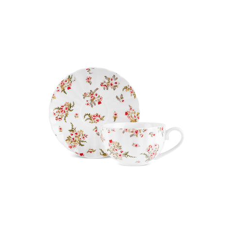 Karaca Blossom 12-Piece Bone China Tea Cup and Saucer Set for 6 People, 220ml, Red