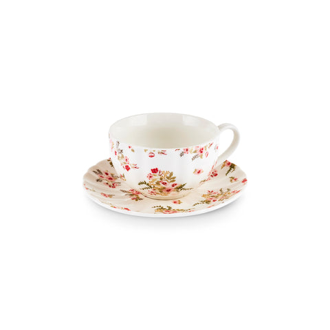 Karaca Blossom 12-Piece Bone China Tea Cup and Saucer Set for 6 People, 220ml, Red