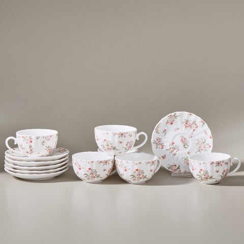 Karaca Blossom 12-Piece Bone China Tea Cup and Saucer Set for 6 People, 220ml, Red