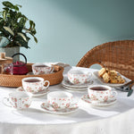Karaca Blossom 12-Piece Bone China Tea Cup and Saucer Set for 6 People, 220ml, Red