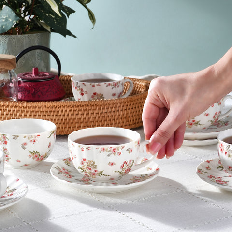 Karaca Blossom 12-Piece Bone China Tea Cup and Saucer Set for 6 People, 220ml, Red