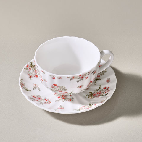 Karaca Blossom 12-Piece Bone China Tea Cup and Saucer Set for 6 People, 220ml, Red