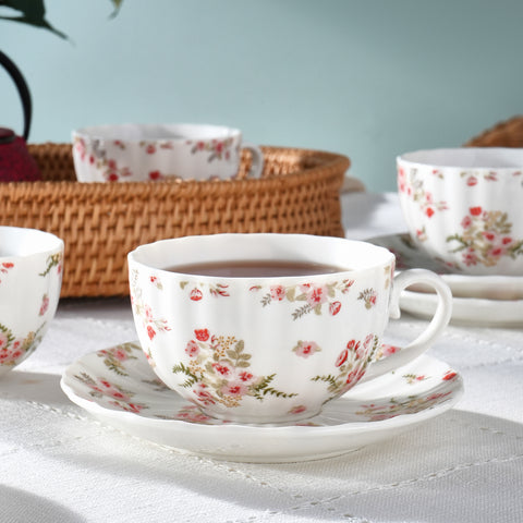 Karaca Blossom 12-Piece Bone China Tea Cup and Saucer Set for 6 People, 220ml, Red