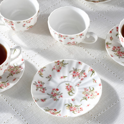 Karaca Blossom 12-Piece Bone China Tea Cup and Saucer Set for 6 People, 220ml, Red