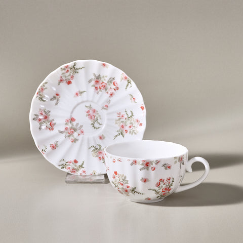 Karaca Blossom 12-Piece Bone China Tea Cup and Saucer Set for 6 People, 220ml, Red
