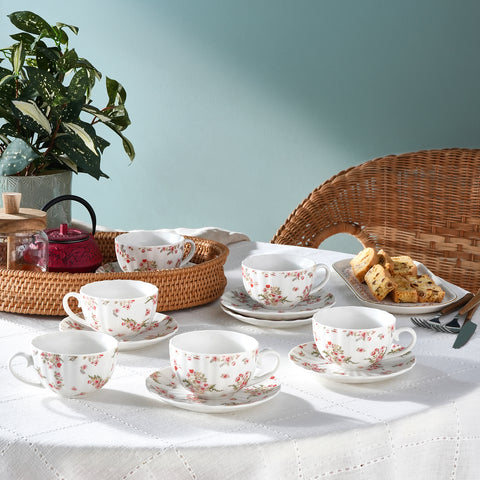 Karaca Blossom 12-Piece Bone China Tea Cup and Saucer Set for 6 People, 220ml, Red