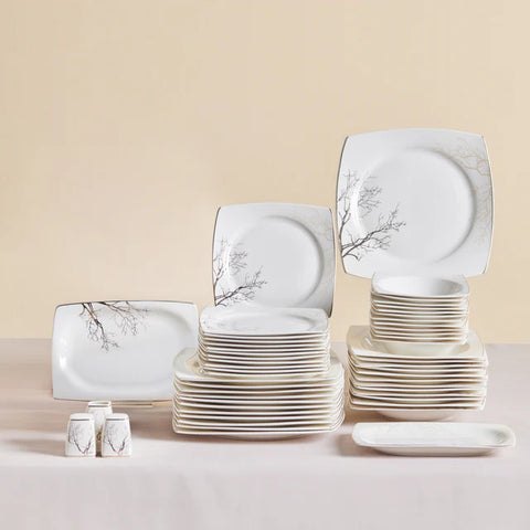 Karaca Square Bone China Autumn 53-Piece Dinner Set for 12 People, White