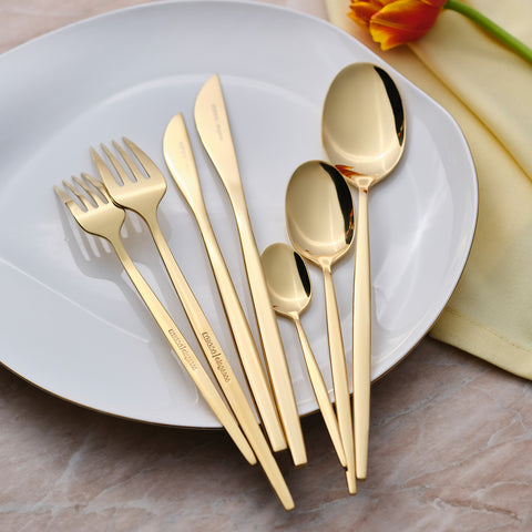 Karaca Camille 84-Piece Stainless Steel Cutlery Set for 12 People, Gold