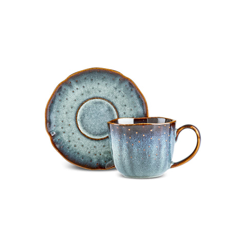 Karaca Bryggen 12-Piece Reactive Glaze Tea Cup and Saucer Set for 6 People, 250ml, Multi