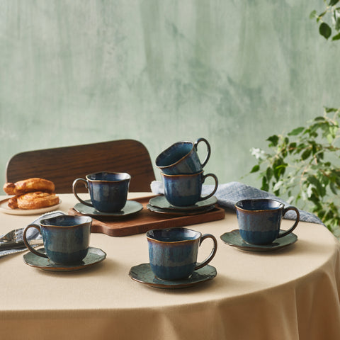 Karaca Bryggen 12-Piece Reactive Glaze Tea Cup and Saucer Set for 6 People, 250ml, Multi