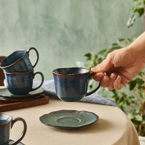 Karaca Bryggen 12-Piece Reactive Glaze Tea Cup and Saucer Set for 6 People, 250ml, Multi