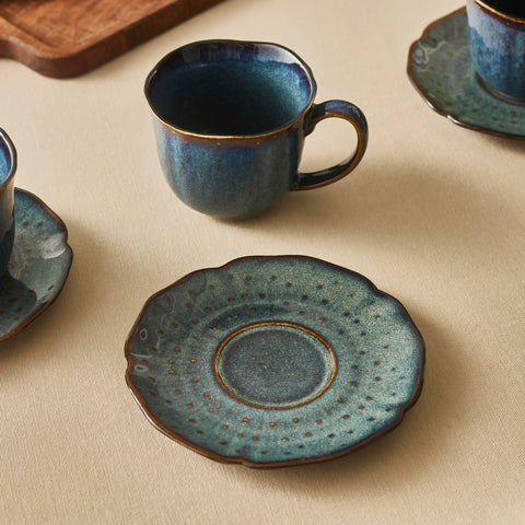 Karaca Bryggen 12-Piece Reactive Glaze Tea Cup and Saucer Set for 6 People, 250ml, Multi