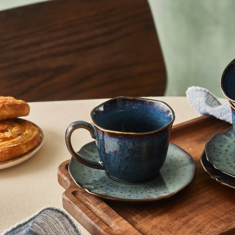 Karaca Bryggen 12-Piece Reactive Glaze Tea Cup and Saucer Set for 6 People, 250ml, Multi