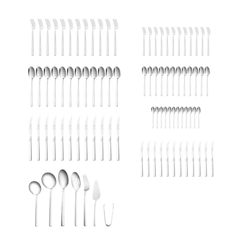 Karaca Nil 91-Piece Stainless Steel Cutlery Set for 12 People, with Serving Set, Silver