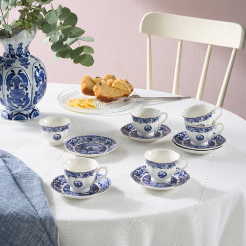 Karaca Old Town 12-Piece Bone China Espresso Turkish Coffee Cup Set for 6 People, 80ml, Blue