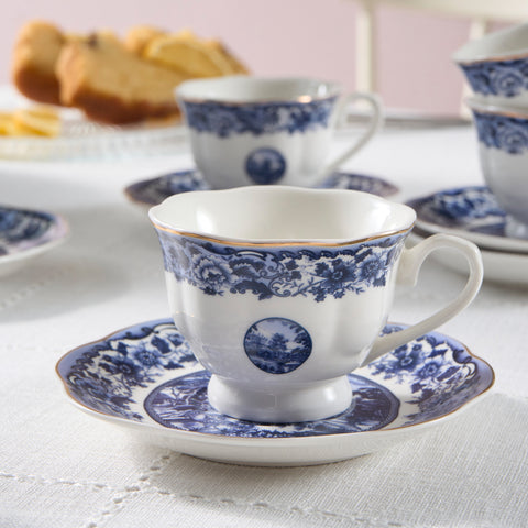 Karaca Old Town 12-Piece Bone China Espresso Turkish Coffee Cup Set for 6 People, 80ml, Blue