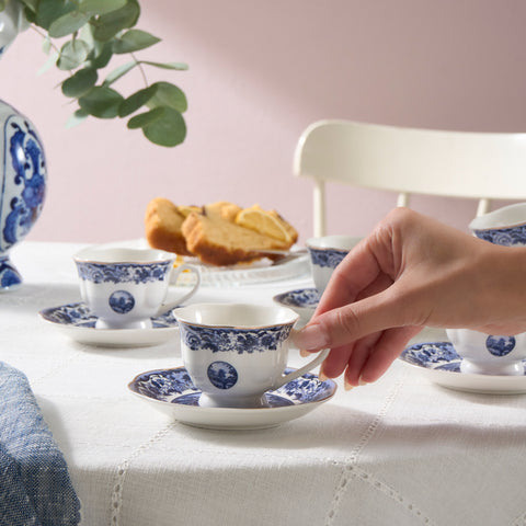 Karaca Old Town 12-Piece Bone China Espresso Turkish Coffee Cup Set for 6 People, 80ml, Blue