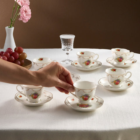 Karaca Antique 12-Piece Bone China Espresso Turkish Coffee Cup Set for 6 People, 80ml, Multi