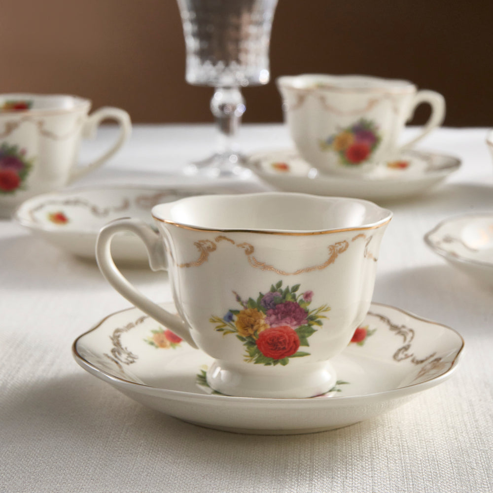 Karaca Antique 4-Piece Bone China Tea Cup and Saucer Set for 2 People, 200ml, Multi