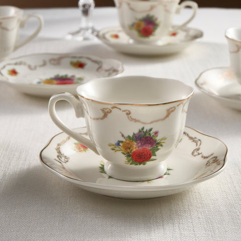 Karaca Antique 4-Piece Bone China Tea Cup and Saucer Set for 2 People, 200ml, Multi