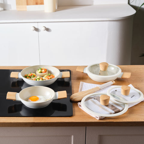 Karaca Swiss Crystal Almond 6-Piece Non-Stick Induction Shallow Casserole Set, Cream