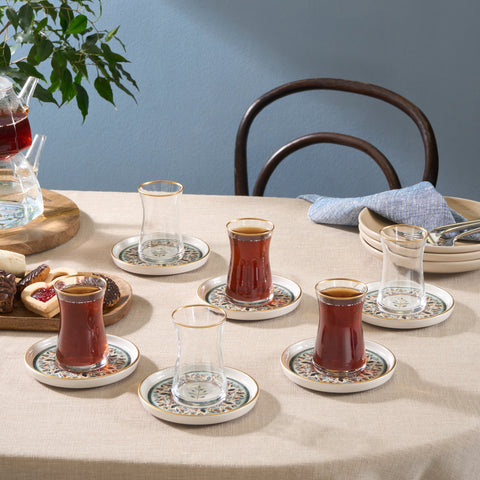 Karaca Clara 12-Piece Glass Turkish Tea Set for 6 People, 170ml, Multi