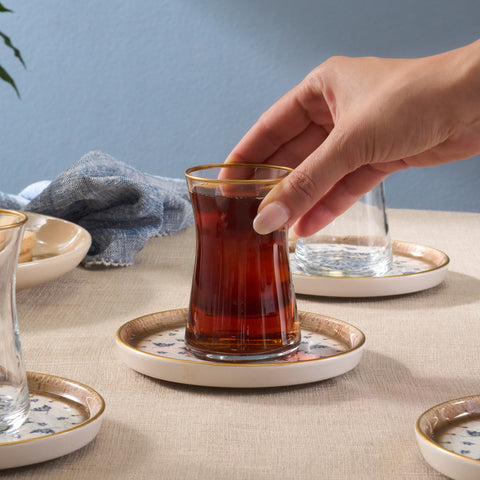 Karaca Elena 12-Piece Glass Turkish Tea Set for 6 People, 170ml, Multi