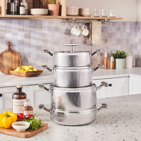 Karaca Rimova 3Ply Stainless Steel 8-Piece Induction Cookware Set with Flat Lid, Silver