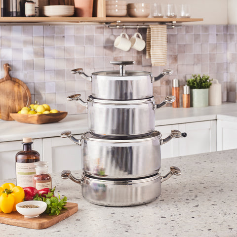 Karaca Rimova 3Ply  Stainless Steel 8-Piece Induction Cookware Set with Glass Lid, Silver
