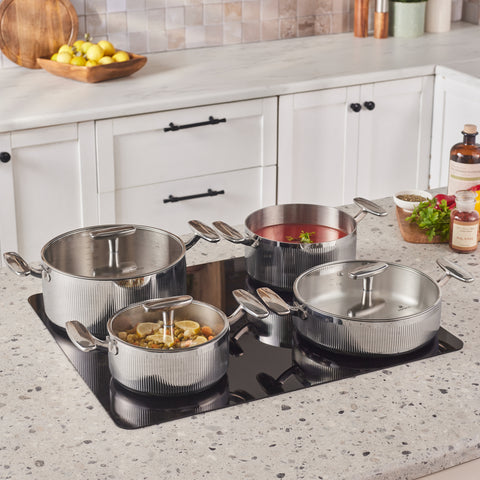 Karaca Rimova 3Ply  Stainless Steel 8-Piece Induction Cookware Set with Glass Lid, Silver