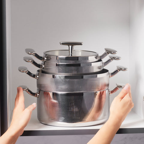 Karaca Rimova 3Ply  Stainless Steel 8-Piece Induction Cookware Set with Glass Lid, Silver