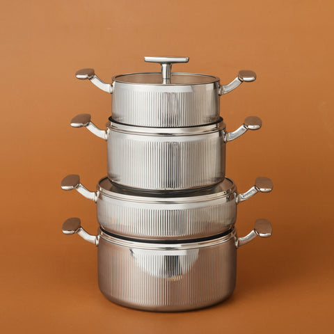 Karaca Rimova 3Ply  Stainless Steel 8-Piece Induction Cookware Set with Glass Lid, Silver