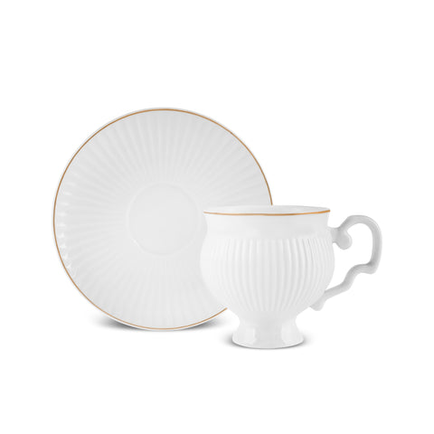 Karaca Malta 4-Piece Bone China Tea Cup and Saucer Set for 2 People, 210ml, Gold White