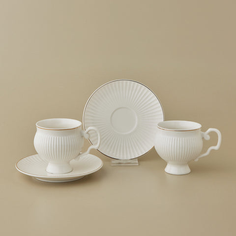 Karaca Malta 4-Piece Bone China Tea Cup and Saucer Set for 2 People, 210ml, Gold White