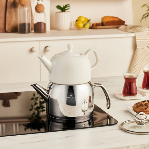 Karaca Pocelinox Porcelain & Stainless Steel Teapot Set, XL, Silver